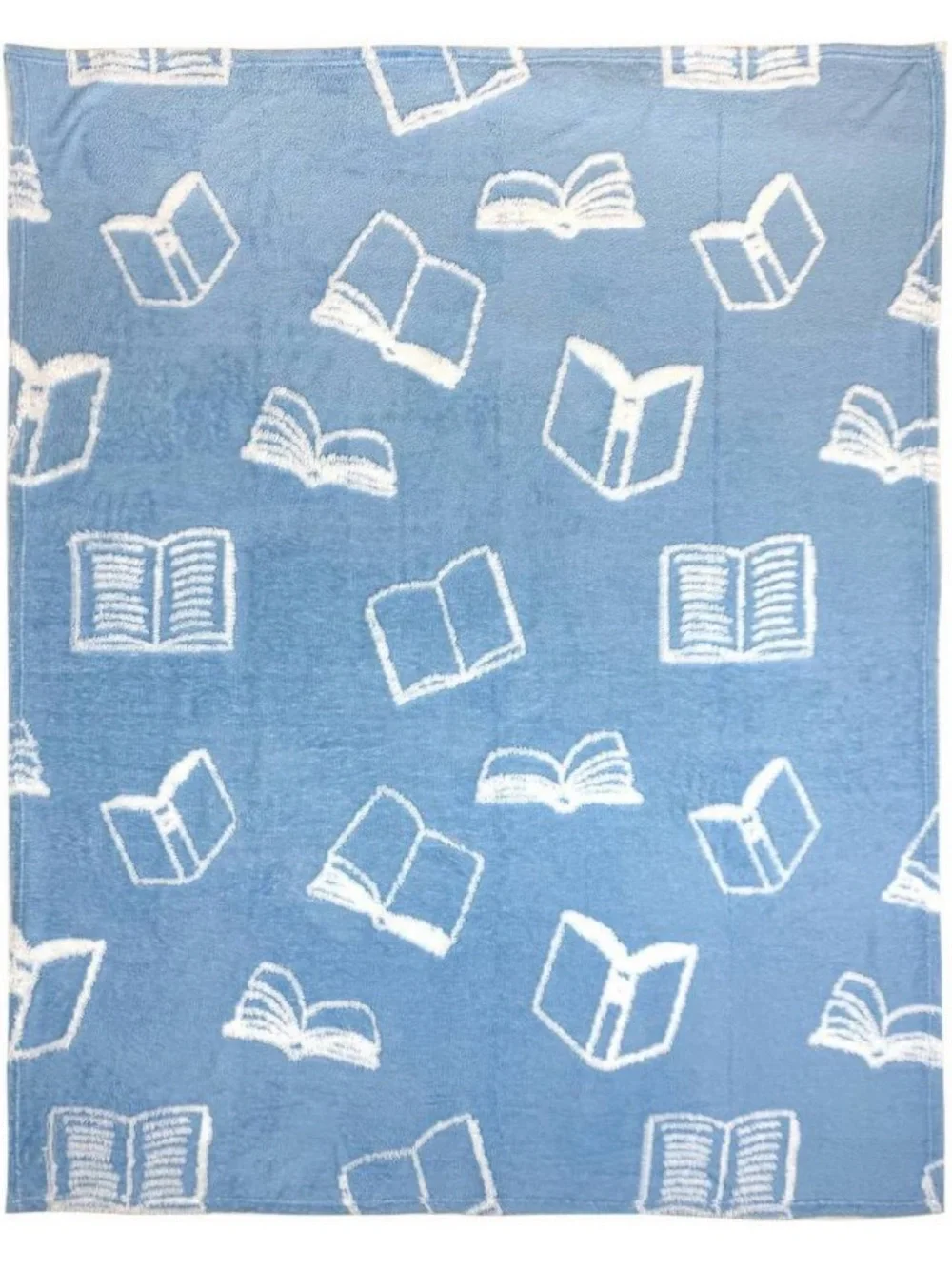 New! Blue & White Book-Print Plush Throw Blanket, 50”x60”